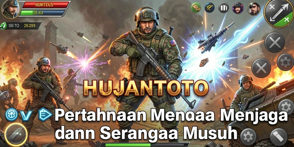 Tangkapan layar gameplay HUJANTOTO menampilkan pertahanan seru melawan serangan musuh.