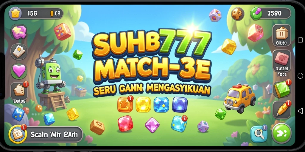 Screenshot menunjukkan gameplay seru dari SUHU777, permainan Match-3 yang penuh warna.