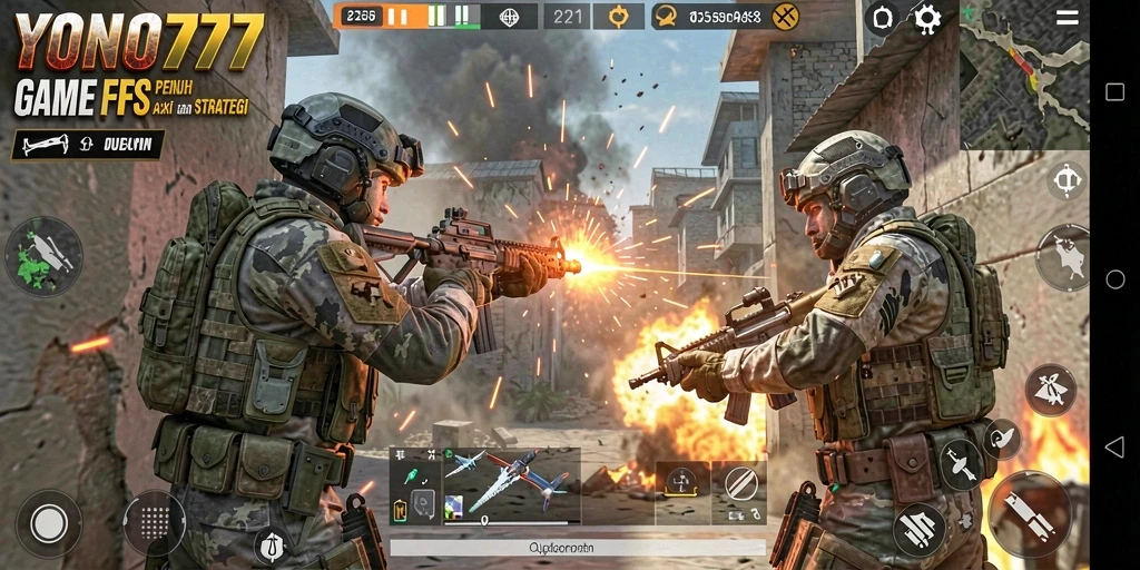 Tampilan aksi mendebarkan dalam YONO777 selama gameplay FPS.